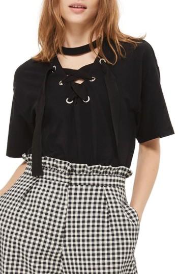 Women's Topshop Lace-up Choker Tunic Top Us (fits Like 0-2) - Black
