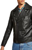 Men's Topman Classic Fit Leather Biker Jacket - Black