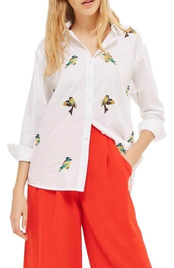 Women's Topshop Embroidered Bird Shirt Us (fits Like 0-2) - White