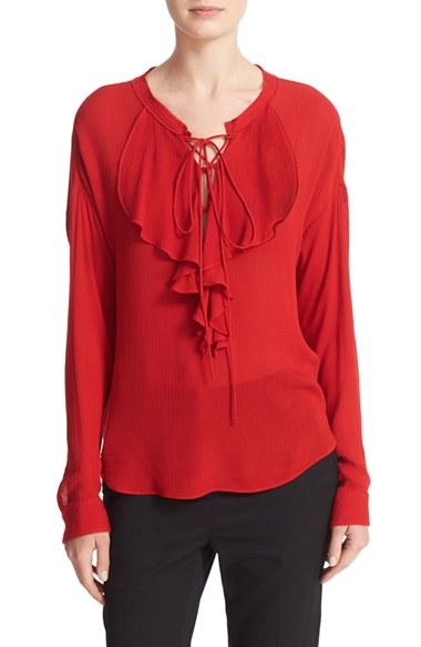 Women's The Kooples Lace-up Silk Ruffle Blouse