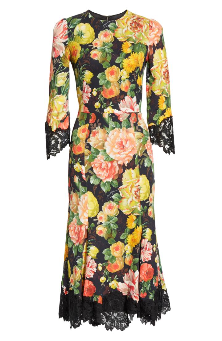 Women's Dolce & Gabbana Lace Trim Floral Print Cady Dress Us / 40 It - Black