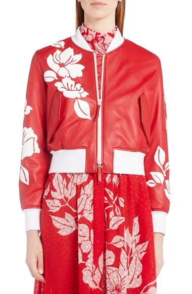 Women's Fendi Floral Applique Leather Baseball Jacket