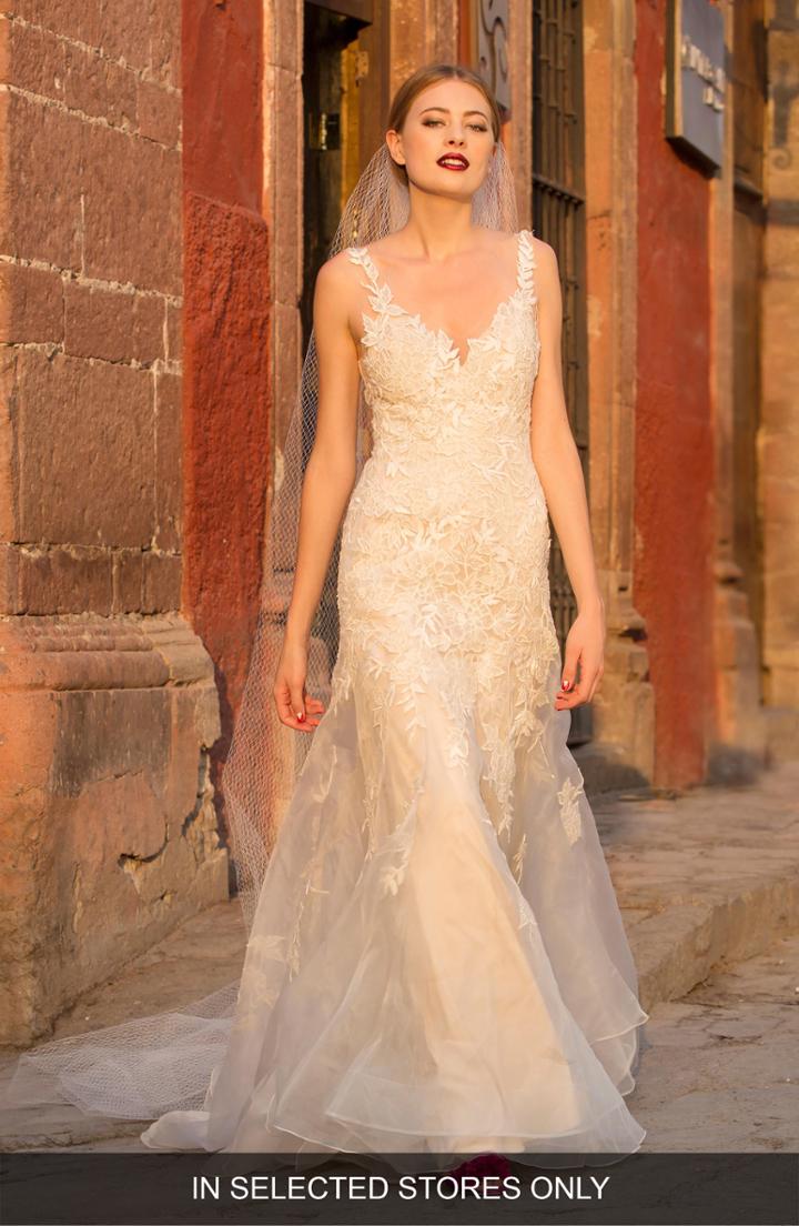 Women's Watters Aiko Embroidered Silk Organza Trumpet Gown, Size - Ivory