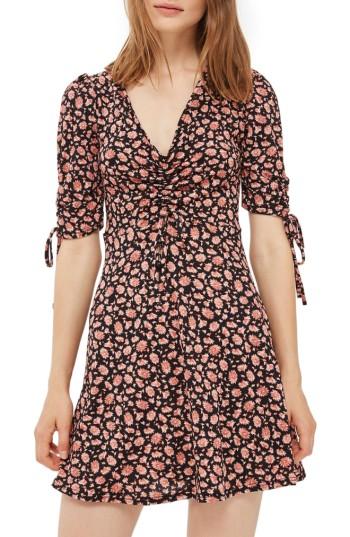 Women's Topshop Ruched Floral Tea Dress Us (fits Like 0) - Black