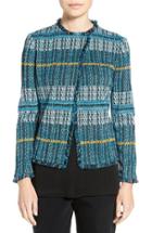 Women's Ming Wang Fringe Trim Jacquard Knit Jacket - Blue