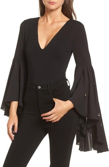 Women's Lost Ink Embellished Flare Sleeve Bodysuit, Size - Black