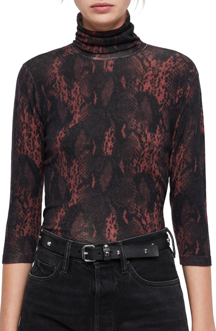Women's Allsaints Suki Reptile Print Turtleneck Top - Burgundy