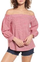 Women's Soprano Gingham Off The Shoulder Bubble Sleeve Top - Red