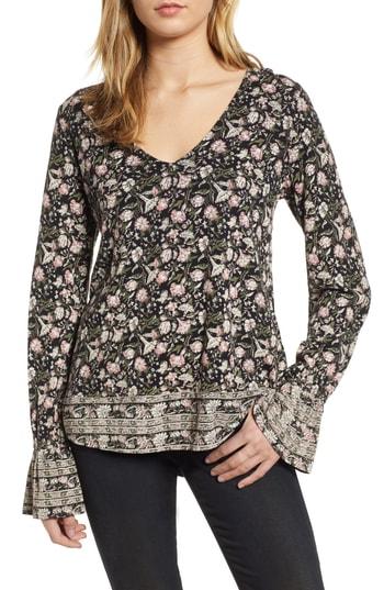 Women's Lucky Brand Ruffle Cuff Border Print Top - Black