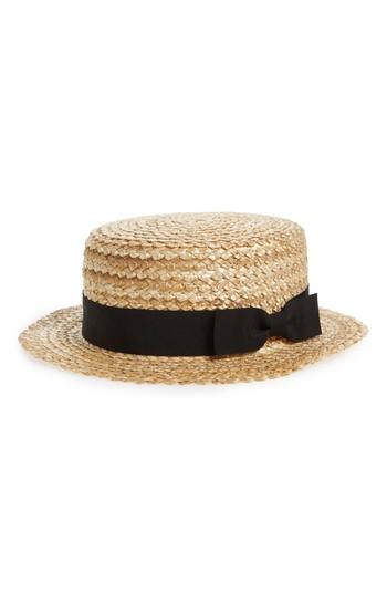 Women's Kitsch Ribbon Straw Boater Hat - Beige