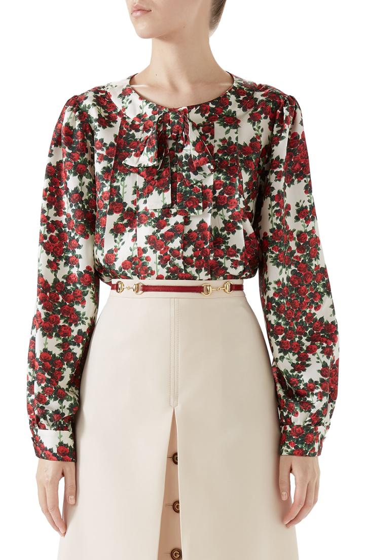 Women's Gucci Floral Print Silk Blouse Us / 44 It - Red