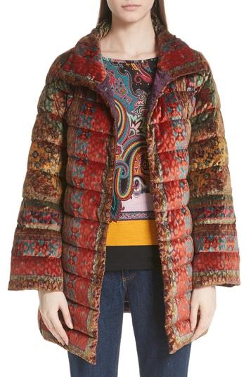Women's Etro Velvet Jacquard Puffer Coat Us / 38 It - Orange