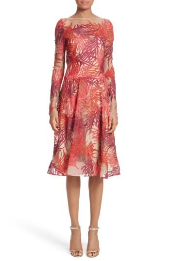 Women's Naeem Khan Threadwork Embroidered Long Sleeve Dress - Coral