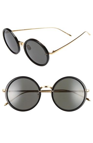 Women's Linda Farrow 51mm Round 24 Karat Gold Trim Sunglasses -