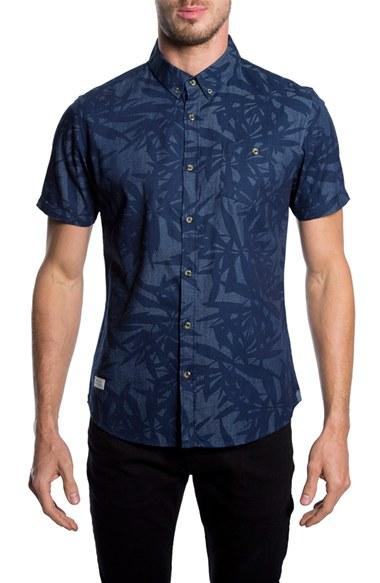 Men's 7 Diamonds 'waves Of Nature' Trim Fit Short Sleeve Print Woven Shirt