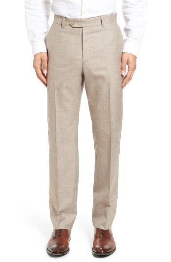 Men's Monte Rosso Flat Front Solid Wool Blend Trousers - Beige