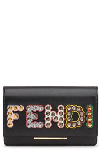 Women's Fendi Studded Logo Leather Wallet On A Chain - Black