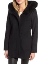 Petite Women's Kristen Blake Genuine Fox Fur Trim Hooded Wool Coat P - Black