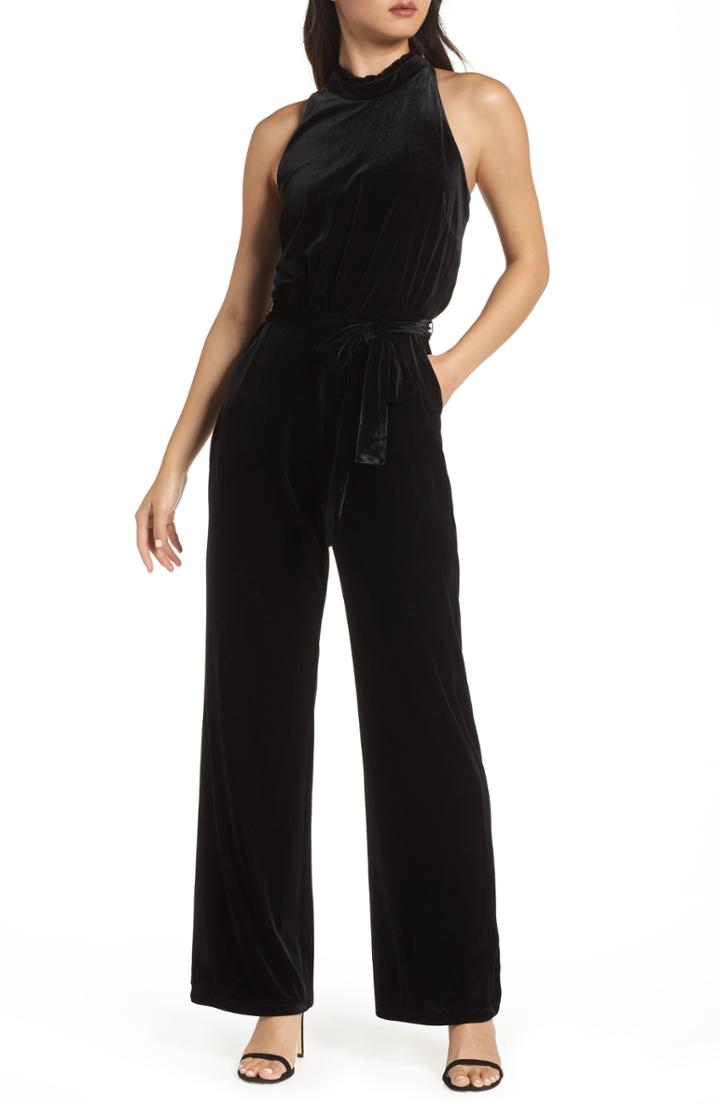 Women's Vince Camuto Ruffle Neck Velvet Jumpsuit (similar To 14w) - Black