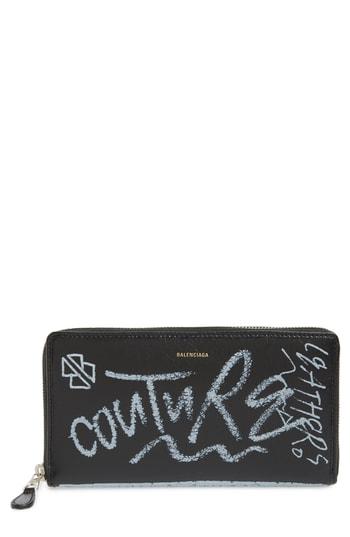 Women's Balenciaga Bazar Graffiti Lambskin Zip Around Wallet - Black