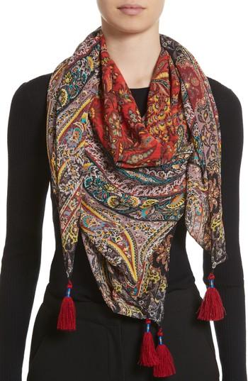 Women's Etro Fern Paisley Tassel Silk Square Scarf, Size - Red
