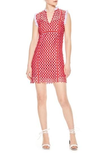 Women's Sandro Textured Lace Split Neck Dress - Red
