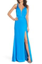 Women's La Femme Plunge Neck Satin Gown - Blue