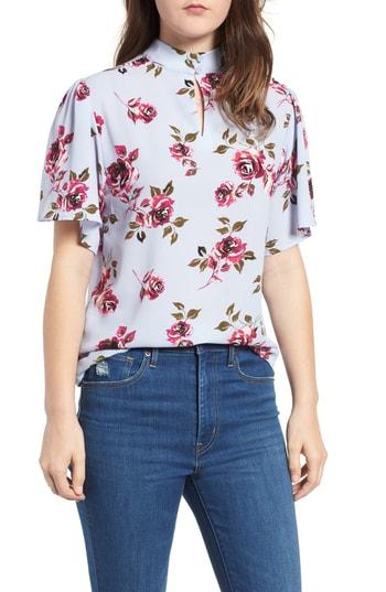 Women's Bp. Floral Print Mock Neck Blouse, Size - Blue