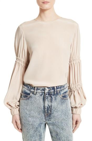 Women's Tibi Bishop Sleeve Silk Blouse - Beige