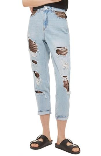 Women's Topshop Fishnet Rip Mom Jeans X 30 - Blue