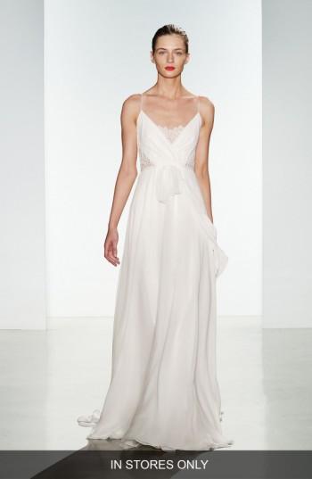 Women's Christos Bridal 'tinsley' Silk Chiffon & Lace Spaghetti Strap Gown, Size - Ivory