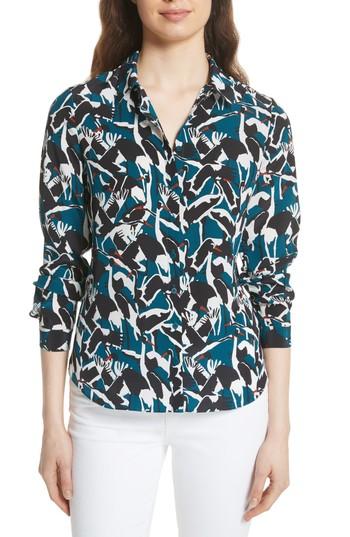 Women's Ted Baker London Crane Print Silk Shirt - Blue/green