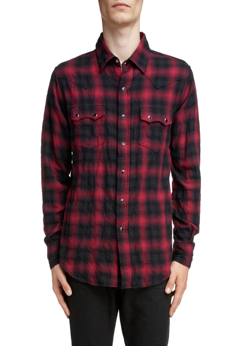 Men's Saint Laurent Classic Fit Check Western Shirt - Black