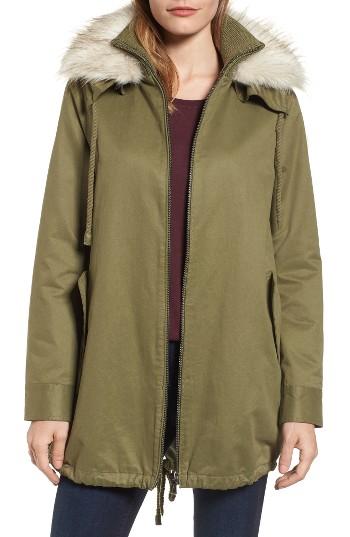 Petite Women's Sam Edelman Faux Fur Collar A-line Anorak P - Green