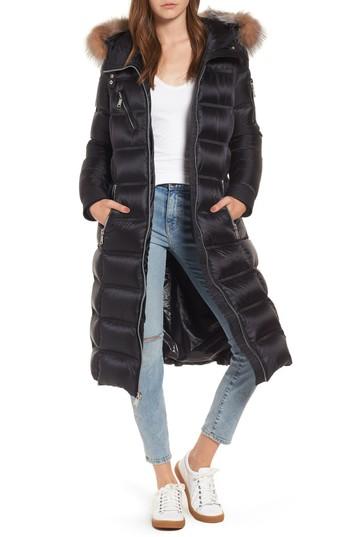 Women's Andrew Marc Charlize 42 Hooded Water Resistant Down Coat With Genuine Fox Fur Trim