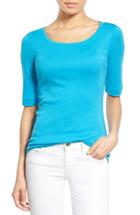 Petite Women's Caslon Ballet Neck Cotton & Modal Knit Elbow Sleeve Tee, Size P - Blue