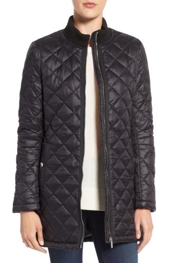 Women's French Connection Quilted Front Zip Coat - Black