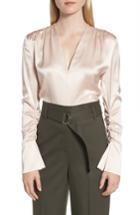 Women's Lewit Satin V-neck Ruched Silk Blouse - Pink