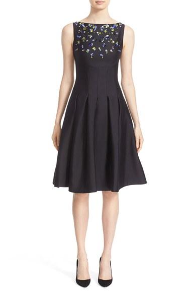 Women's Lela Rose Embellished Wool & Silk Fit & Flare Dress