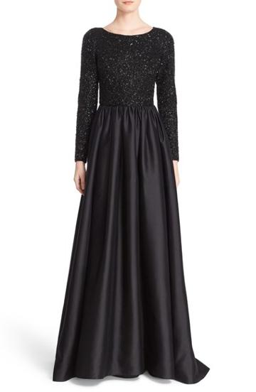 Women's Badgley Mischka Couture Embellished Bodice Long Sleeve Gown
