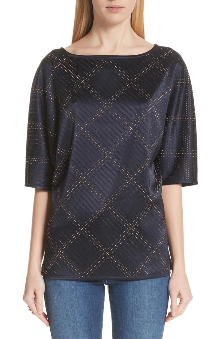 Women's St. John Collection Embellished Liquid Satin Top - Blue