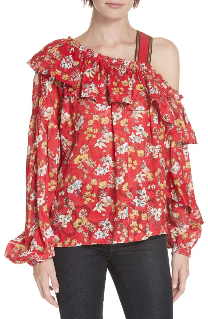 Women's Derek Lam 10 Crosby One-shoulder Floral Blouse - Red