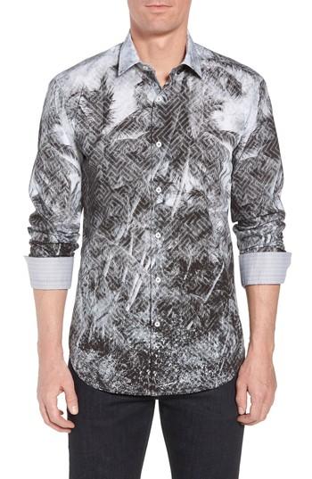 Men's Bugatchi Shaped Fit Shady Frond Print Sport Shirt - Grey