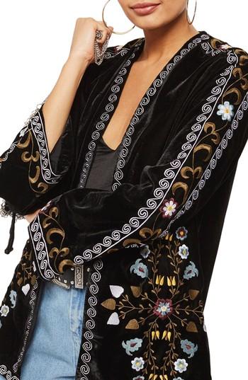 Women's Topshop Embroidered Velvet Short Kimono Us (fits Like 0) - Black