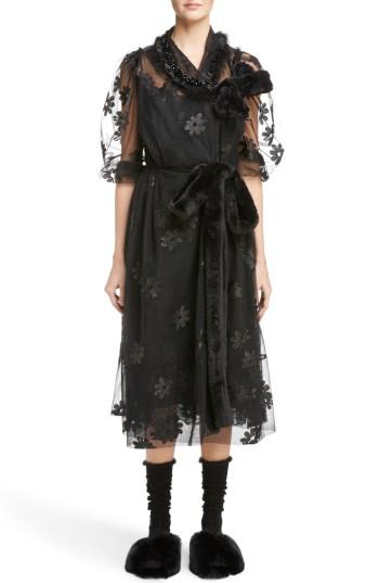 Women's Simone Rocha Teddy Floral Embroidered Tulle Dress With Feather And Faux Fur Trim Us / 6 Uk - Black