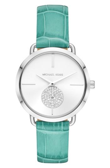 Women's Michael Kors Portia Crystal Leather Strap Watch, 37mm