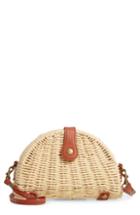 La Double 7 Faux Leather Trim Straw Crossbody Bag - Beige