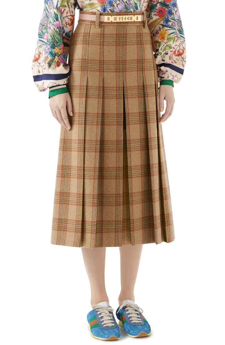 Women's Gucci Logo Belt Plaid Midi Skirt