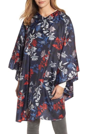 Women's Joules Right As Rain Print Packable Hooded Poncho, Size - Black