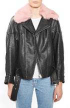 Women's Topshop Boutique Genuine Lamb Fur Collar Leather Jacket Us (fits Like 0) - Pink